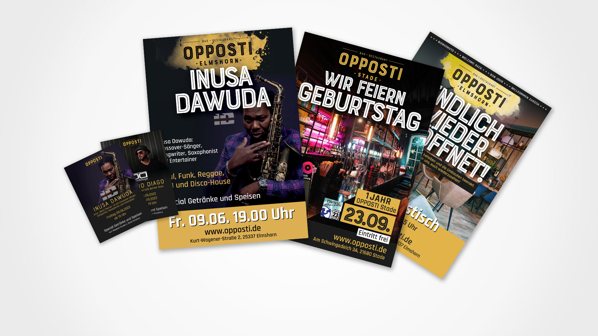 Im OPPOSTI ist viel los! Wir haben Flyer und Plakate für diverse Veranstaltungen entwickelt.